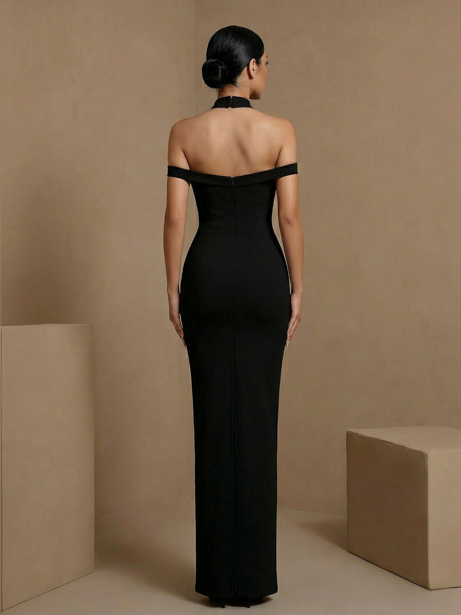 Halter Maxikleid mit weißen Blumen und Bandagen-Detail
