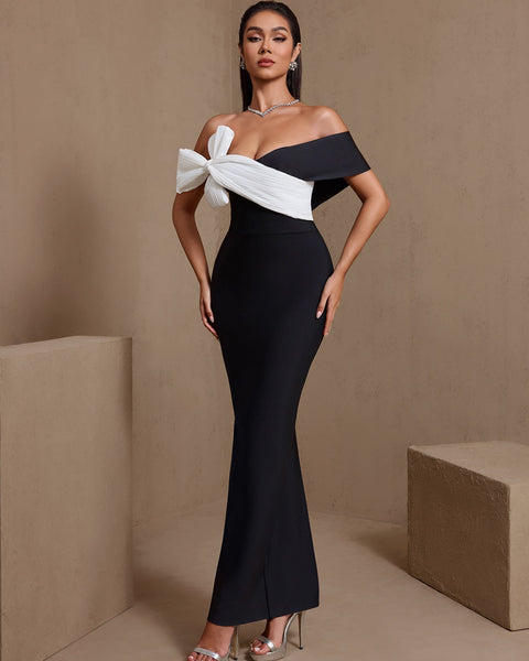 Pleated White-Bowknot Bandage Maxi Dress
