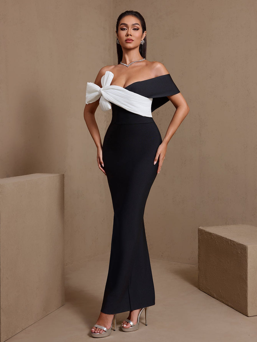 Jocelyn Moreau — Pleated White-Bowknot Bandage Maxi Dress