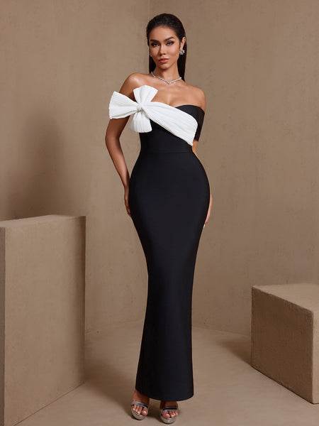 Pleated White-Bowknot Bandage Maxi Dress