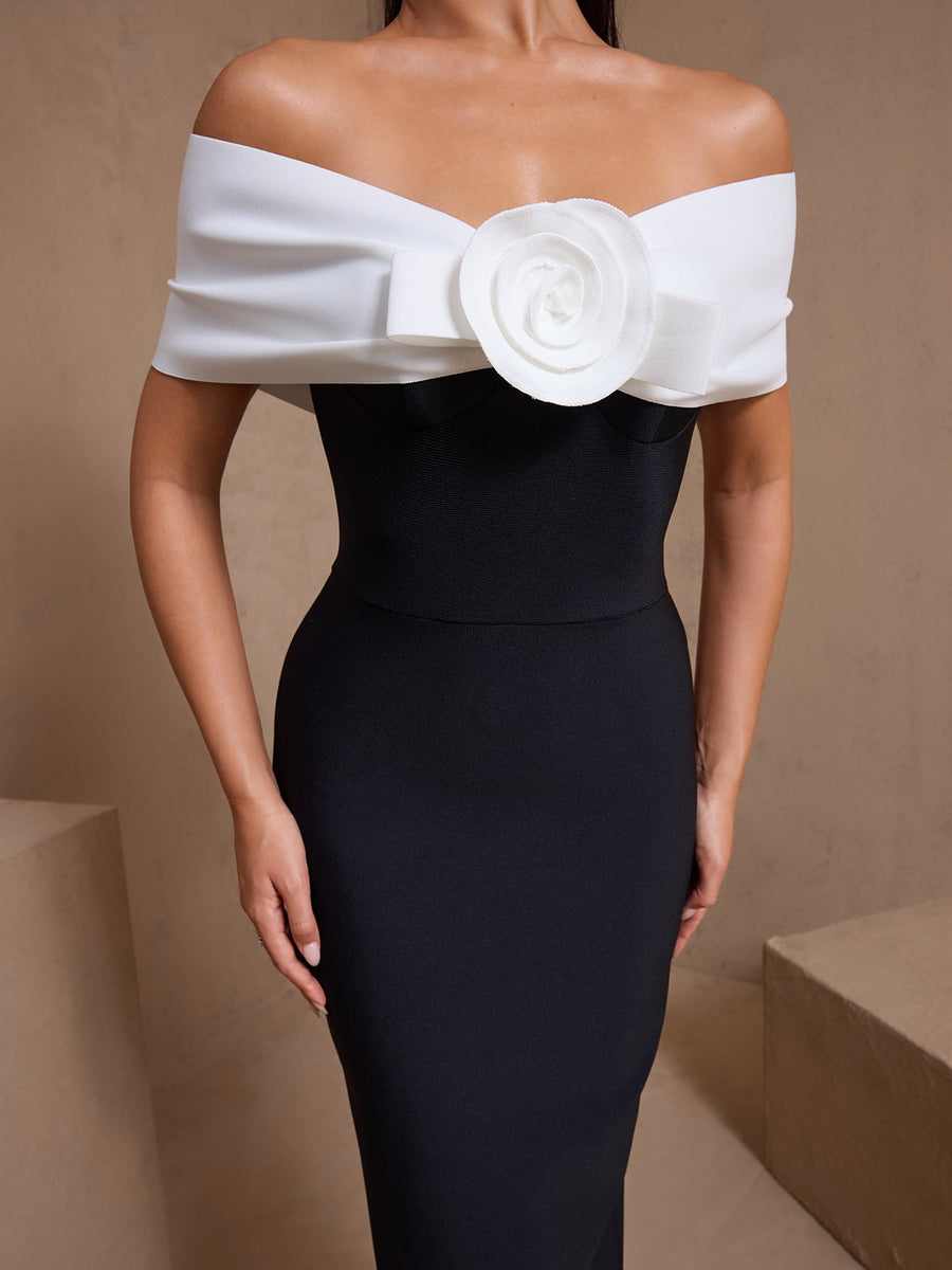 Off Shoulder White Flower Bandage Dress