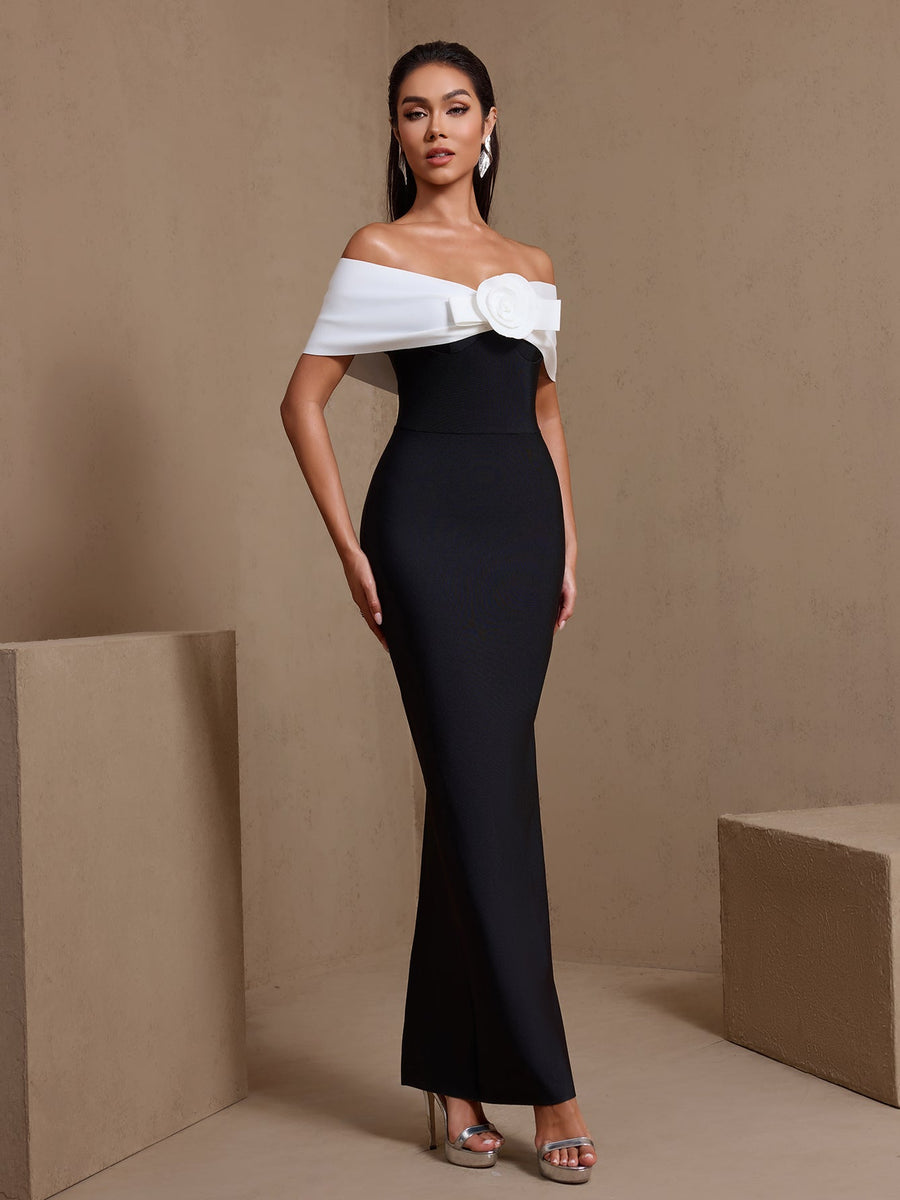 Off Shoulder White Flower Bandage Dress