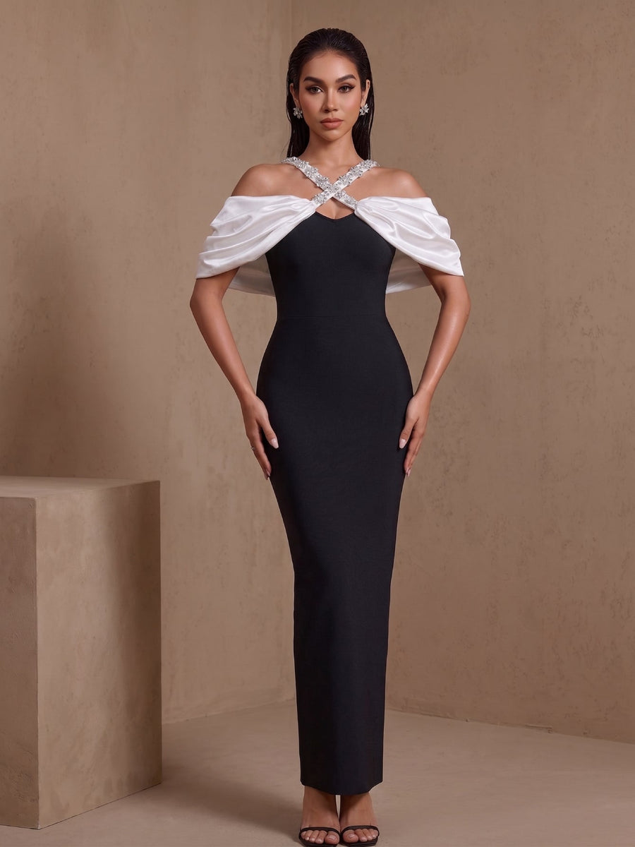 Esmée Laurent — Off-Shoulder Rhinestone Halter Straps Bandage Dress
