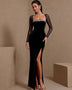 Élodie Noir — Sheer Mesh Sleeve Rhinestone High-Slit Bandage Dress