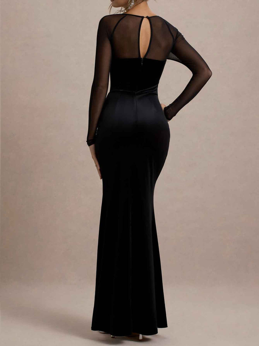 Élodie Noir — Sheer Mesh Sleeve Rhinestone High-Slit Bandage Dress, alternate view 5