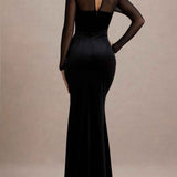 Élodie Noir — Sheer Mesh Sleeve Rhinestone High-Slit Bandage Dress, alternate view 5