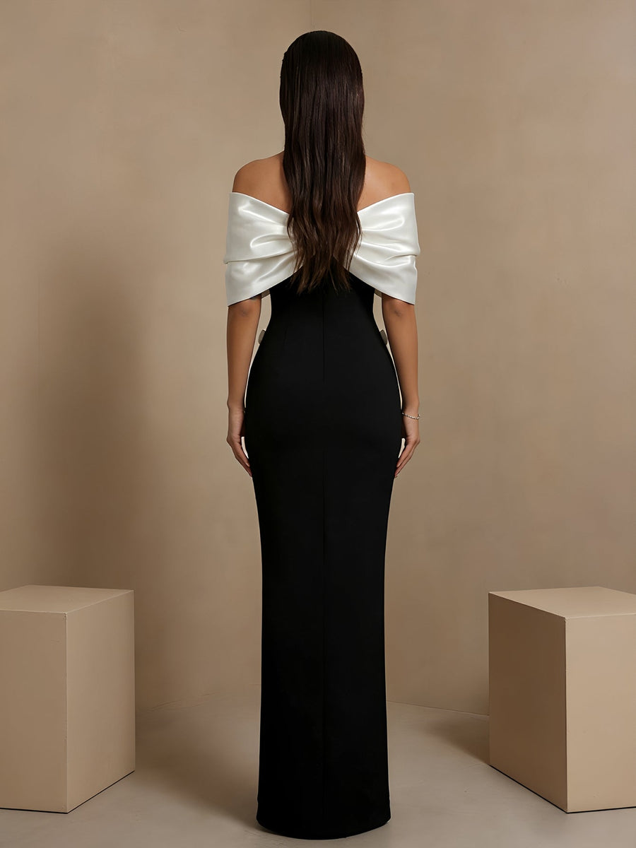Schulterfreies weißes Kleid mit Schleifen und Bandage