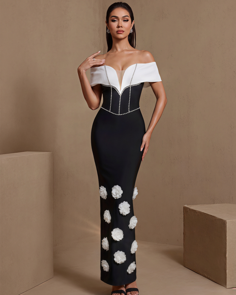 White-Flowers Drill Chain Bandage Dress