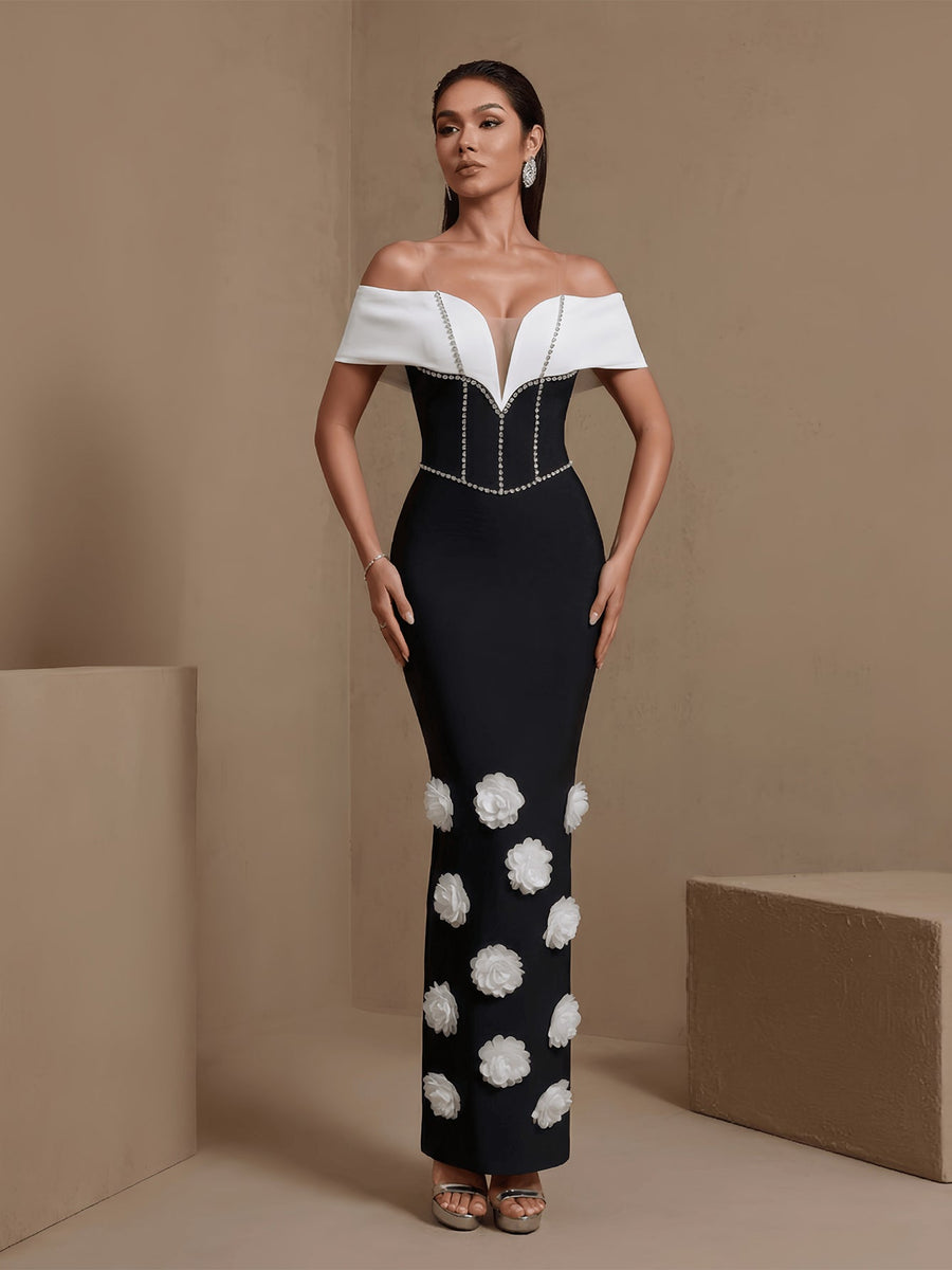White-Flowers Drill Chain Bandage Dress