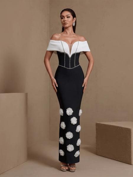 White-Flowers Drill Chain Bandage Dress