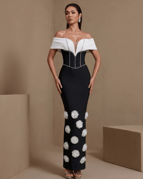 White-Flowers Drill Chain Bandage Dress