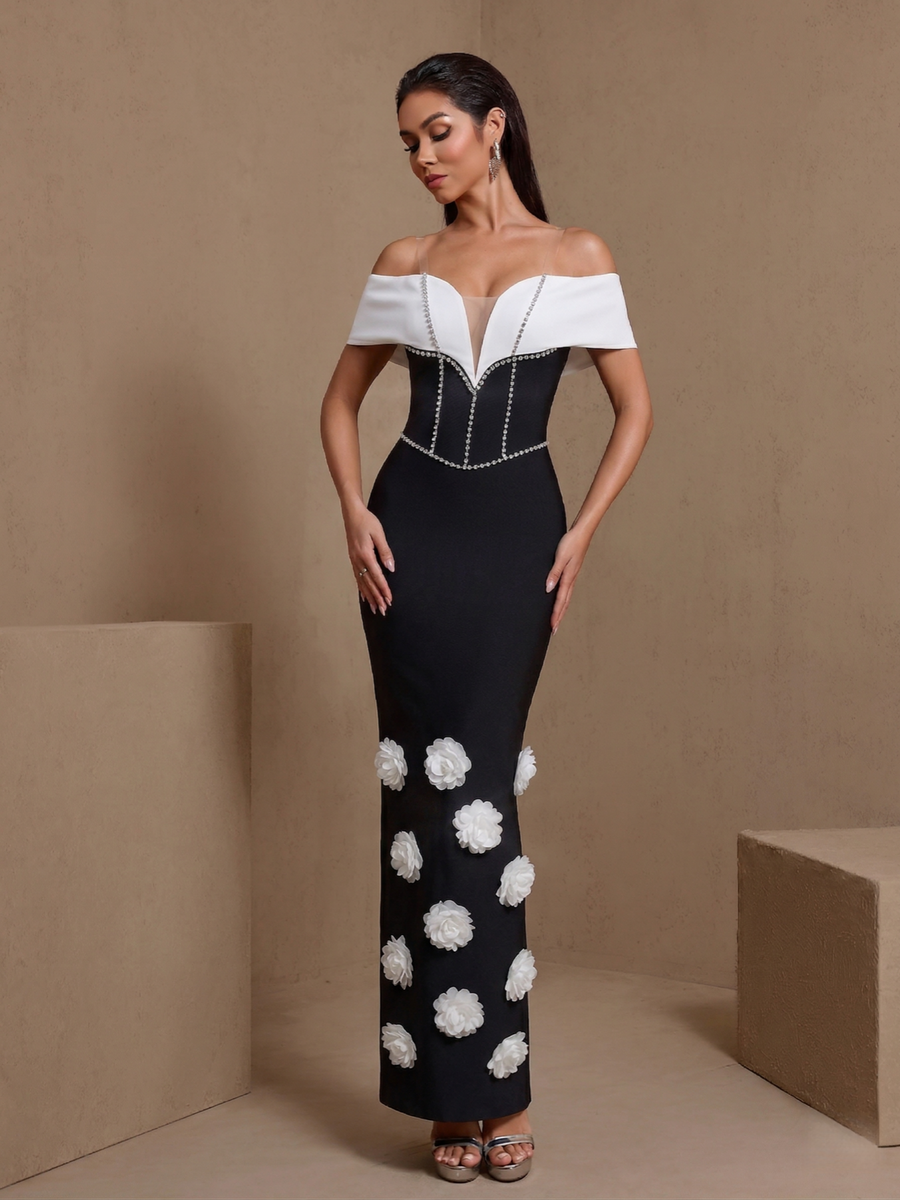 White-Flowers Drill Chain Bandage Dress