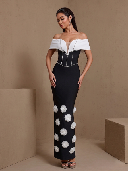 White-Flowers Drill Chain Bandage Dress