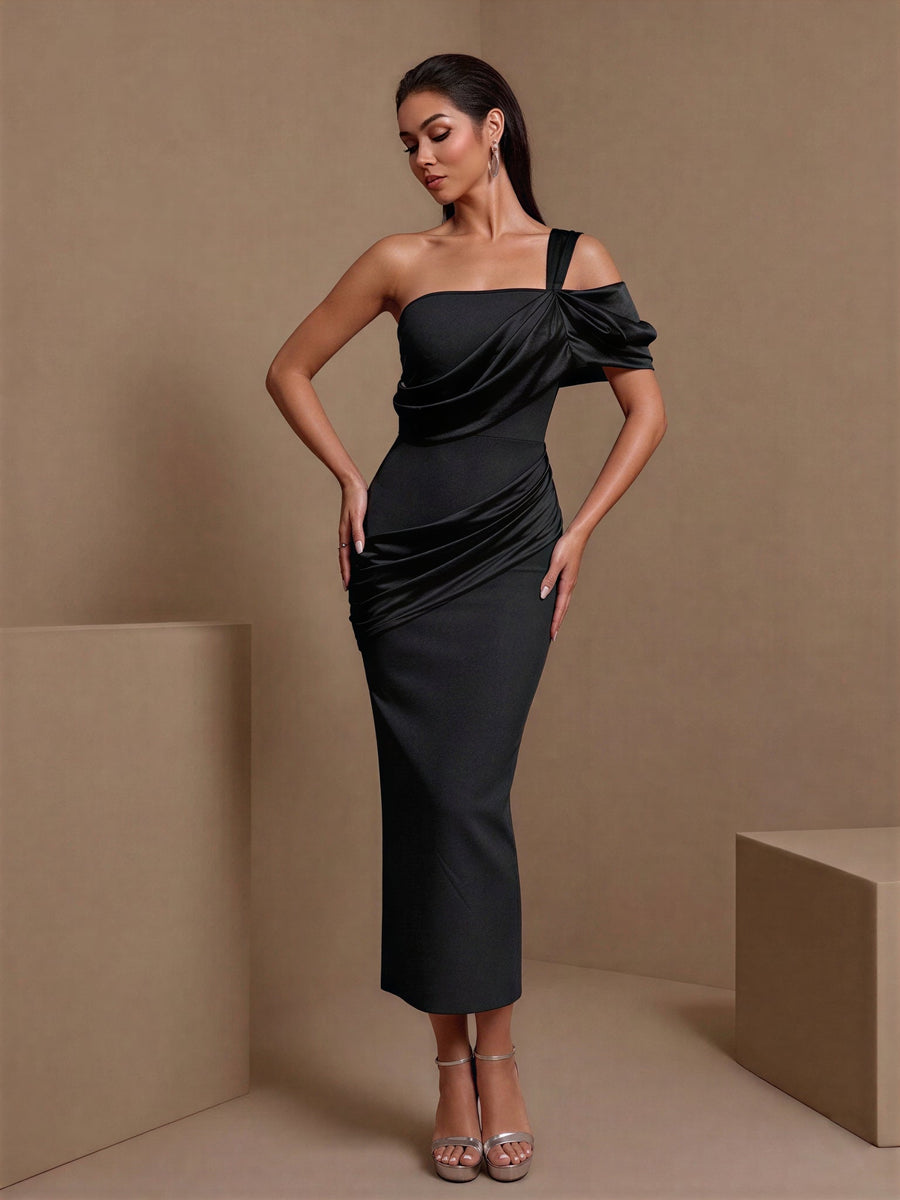 Violette D’Arcy — Asymmetric Satin Draped Ruched Bandage Dress, alternate view 2