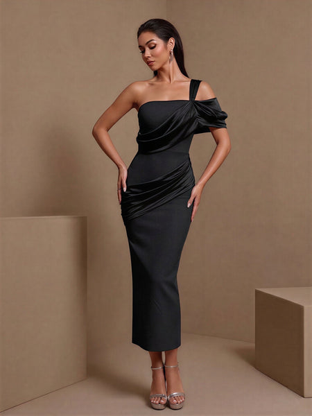 Violette D’Arcy — Asymmetric Satin Draped Ruched Bandage Dress, alternate view 2