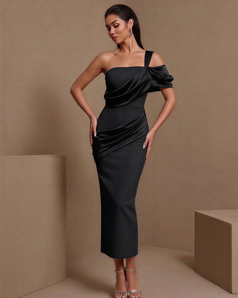 Violette D’Arcy — Asymmetric Satin Draped Ruched Bandage Dress, alternate view 2