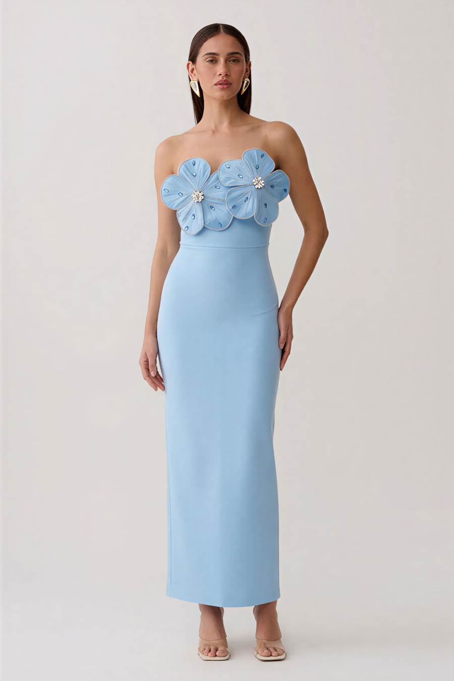 Robe bustier moulante en cristal avec grandes fleurs en 3D