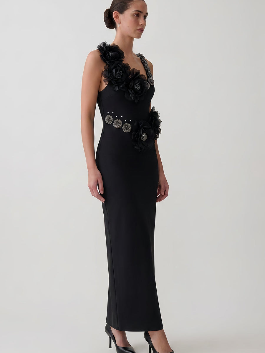 Organza Metal Flower Halter Neck Bandage Dress