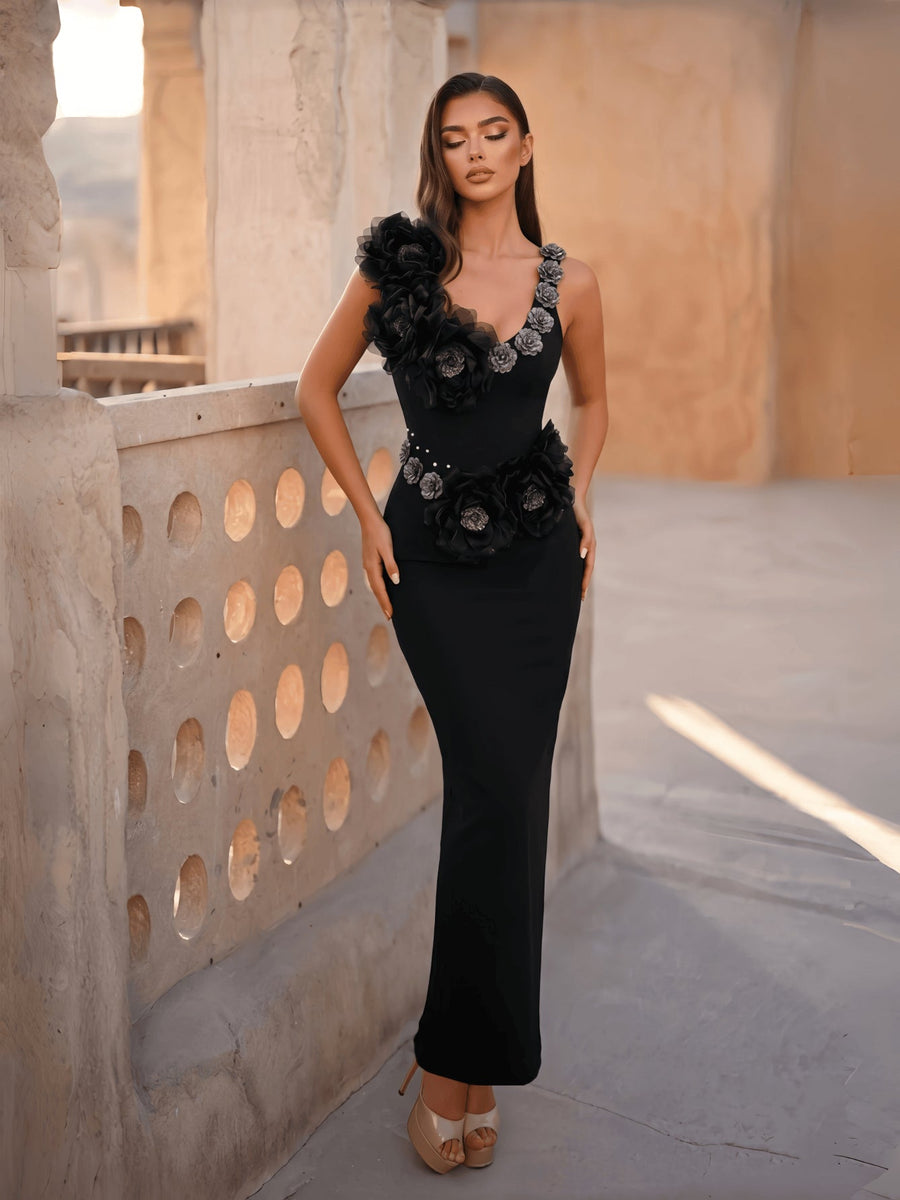 Organza Metal Flower Halter Neck Bandage Dress