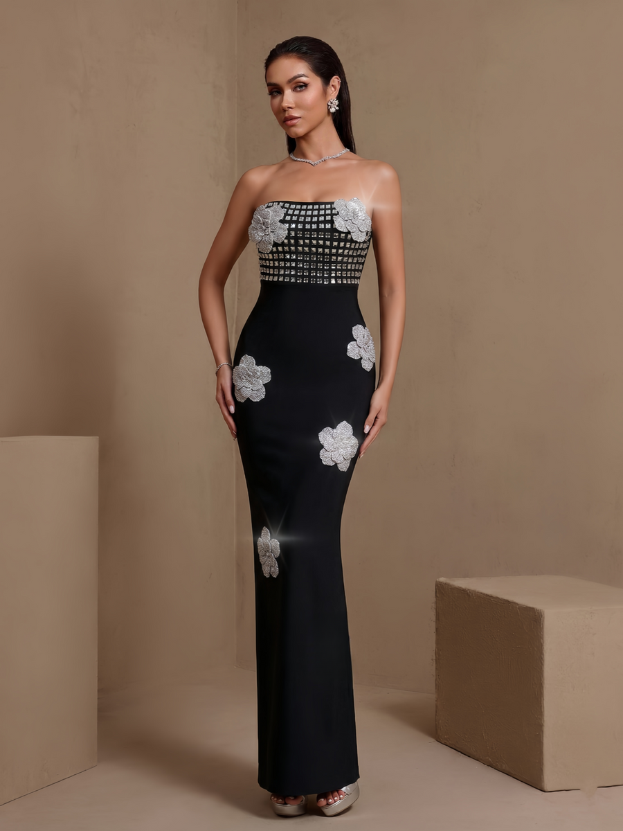 Rosamund Claret — Crystal Flower Square Rhinestone Bust Bandage Dress
