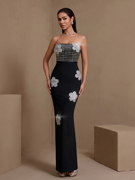 Rosamund Claret — Crystal Flower Square Rhinestone Bust Bandage Dress