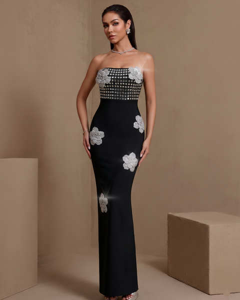 Rosamund Claret — Crystal Flower Square Rhinestone Bust Bandage Dress