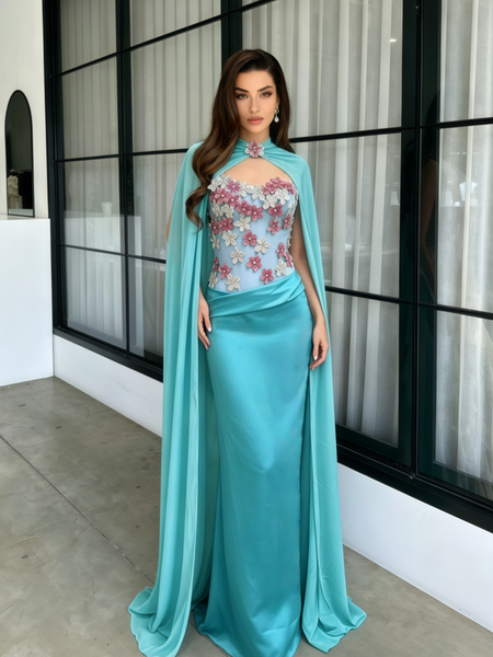 Chiffon Cape Floral Rhinestone Ruched Dress