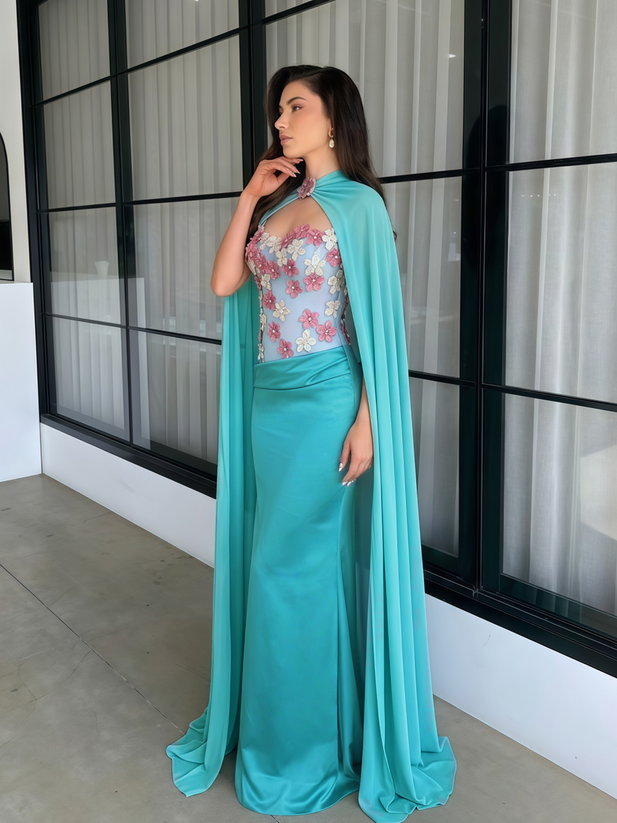Chiffon Cape Floral Rhinestone Ruched Dress