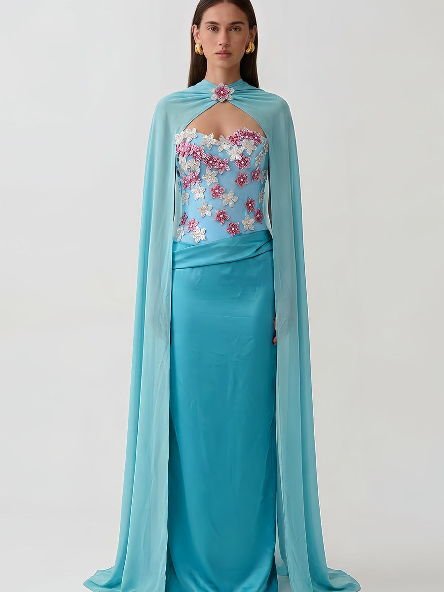 Chiffon Cape Floral Rhinestone Ruched Dress