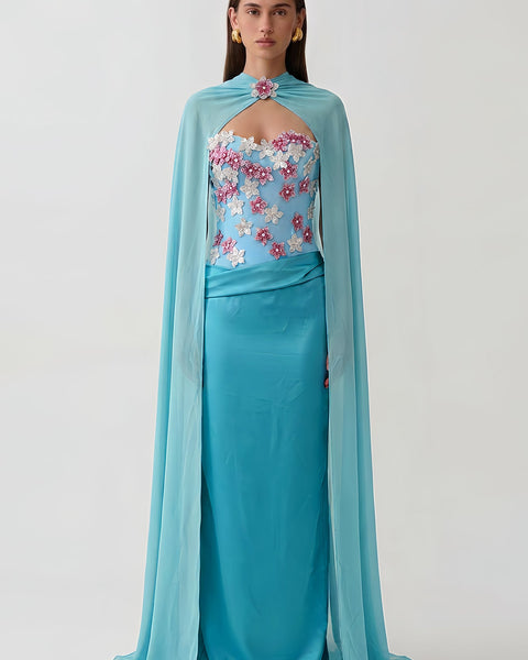 Chiffon Cape Floral Rhinestone Ruched Dress