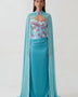 Chiffon Cape Floral Rhinestone Ruched Dress