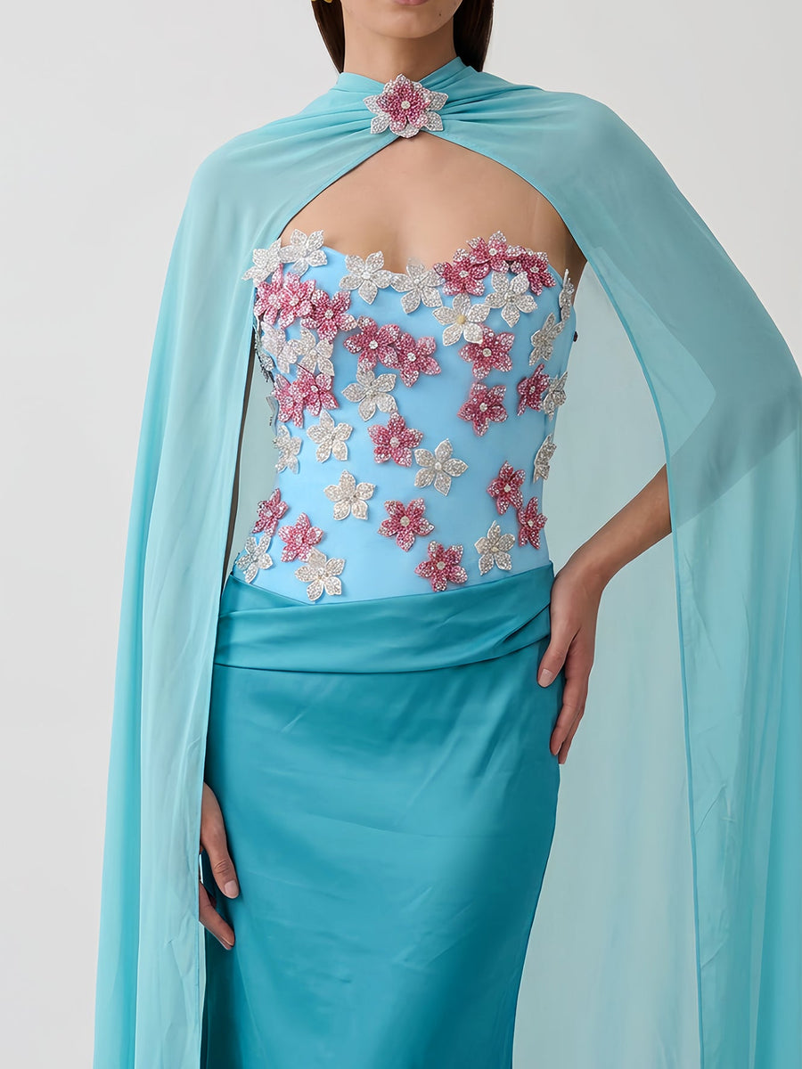 Chiffon Cape Floral Rhinestone Ruched Dress