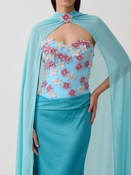 Chiffon Cape Floral Rhinestone Ruched Dress