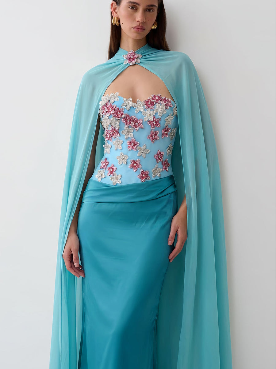 Chiffon Cape Floral Rhinestone Ruched Dress