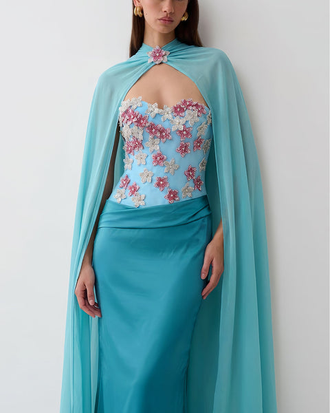 Chiffon Cape Floral Rhinestone Ruched Dress
