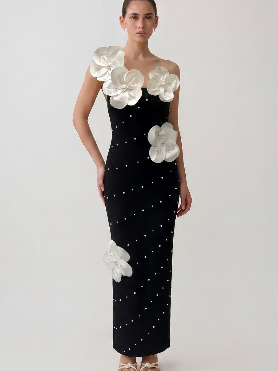 Asymmetric White-Flowers Pearl Bandage Dress