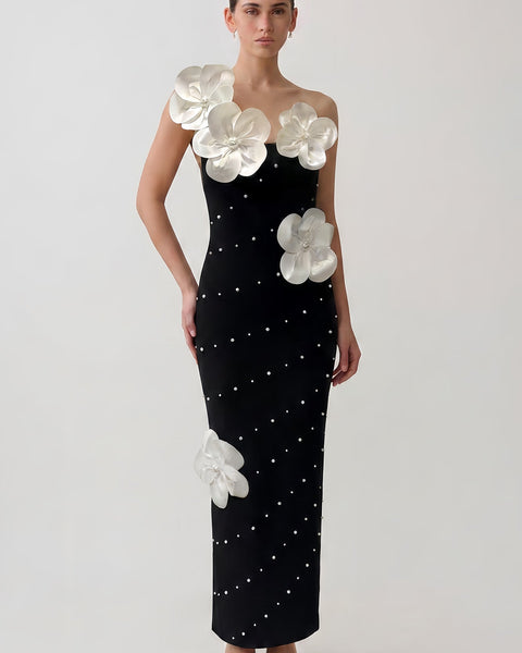 Asymmetric White-Flowers Pearl Bandage Dress