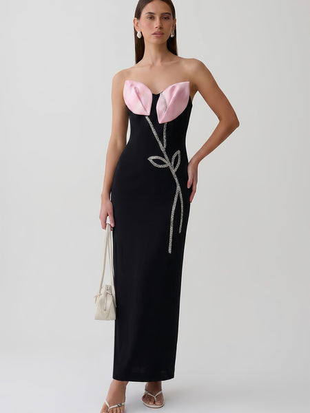 Strapless Rhinestone Vine Bandage Maxi Dress