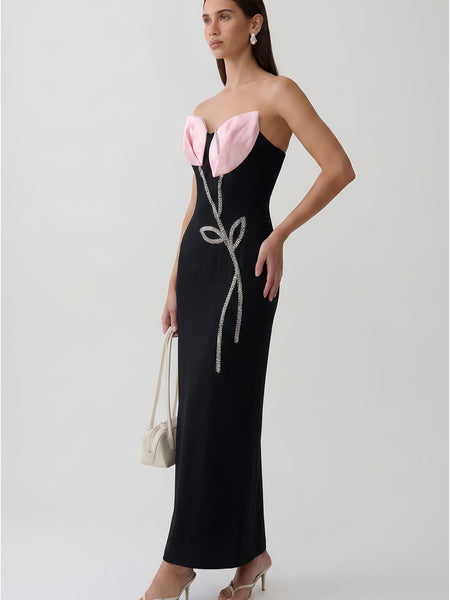 Strapless Rhinestone Vine Bandage Maxi Dress