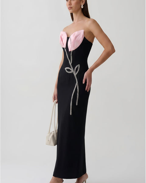 Strapless Rhinestone Vine Bandage Maxi Dress