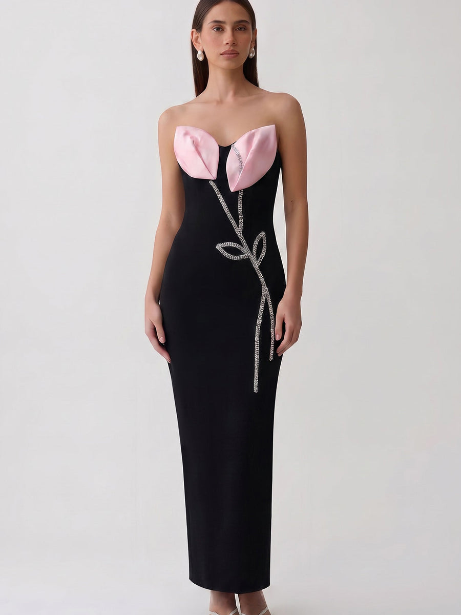 Strapless Rhinestone Vine Bandage Maxi Dress