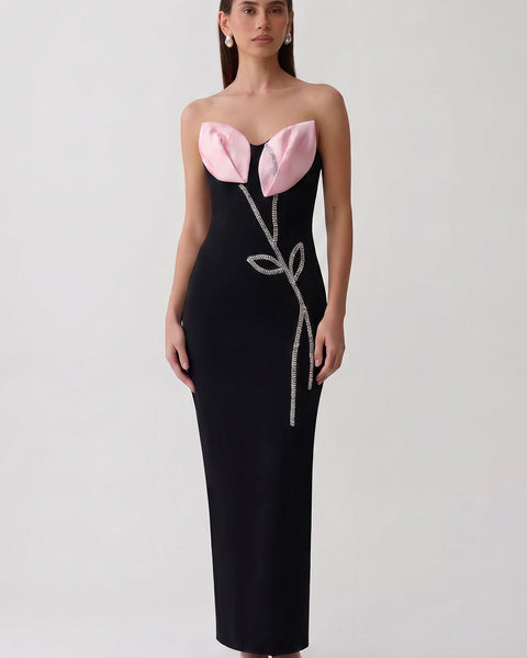 Strapless Rhinestone Vine Bandage Maxi Dress