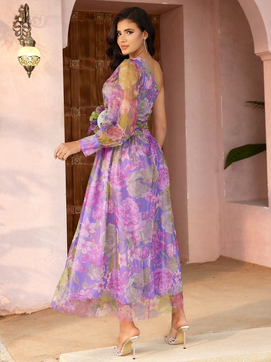One Shoulder Chiffon Print Maxi Dress