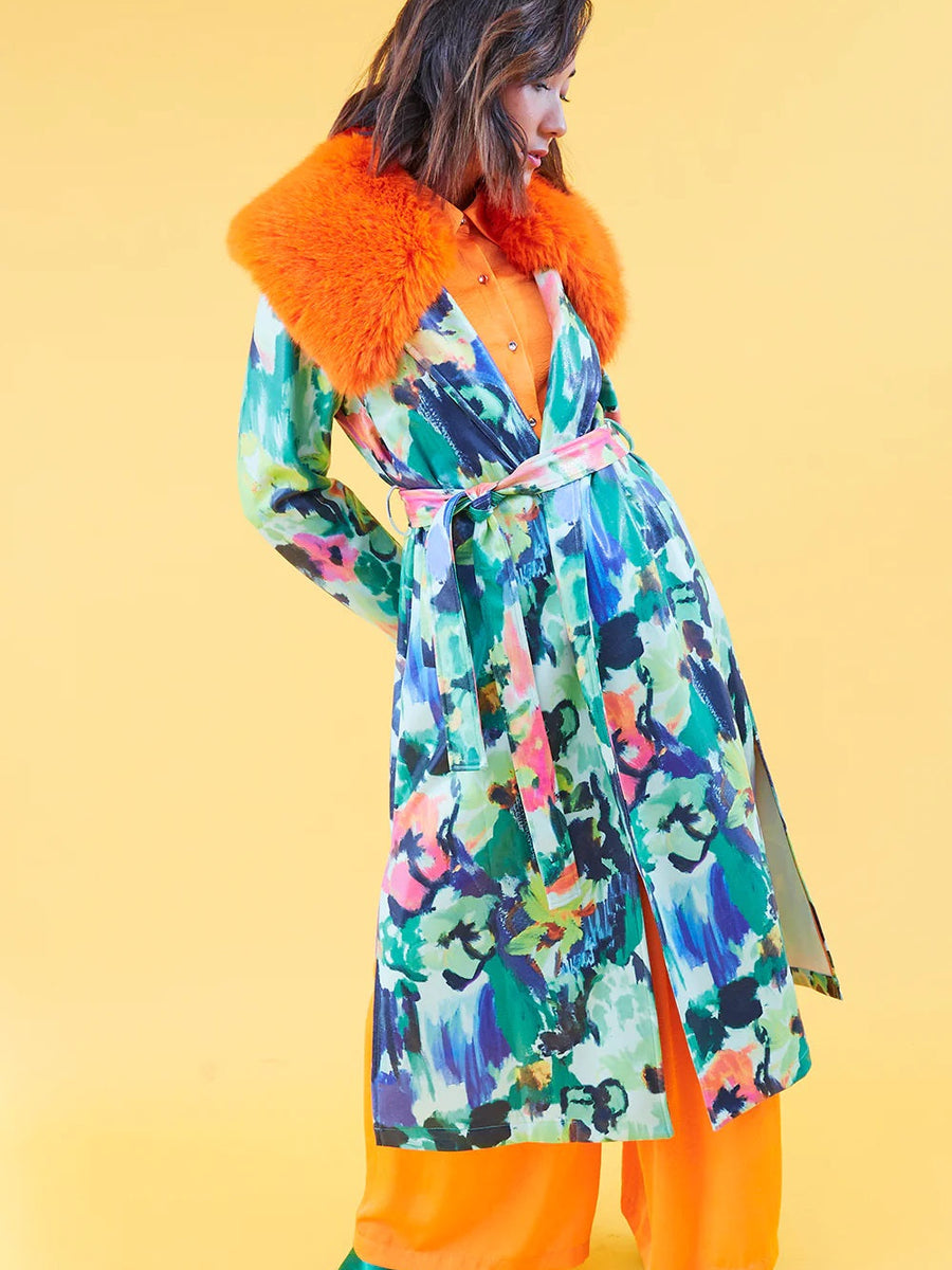 Floral Tencel Blend Eco Leather Trench Coat