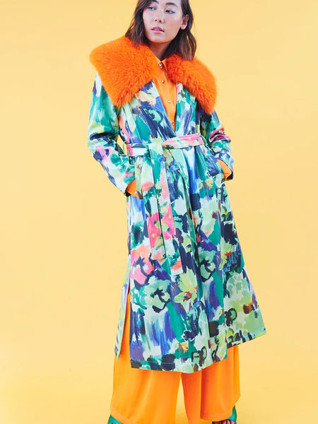 Floral Tencel Blend Eco Leather Trench Coat