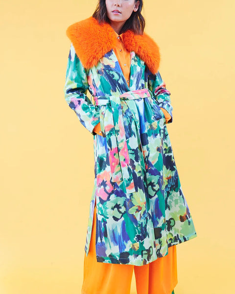 Floral Tencel Blend Eco Leather Trench Coat