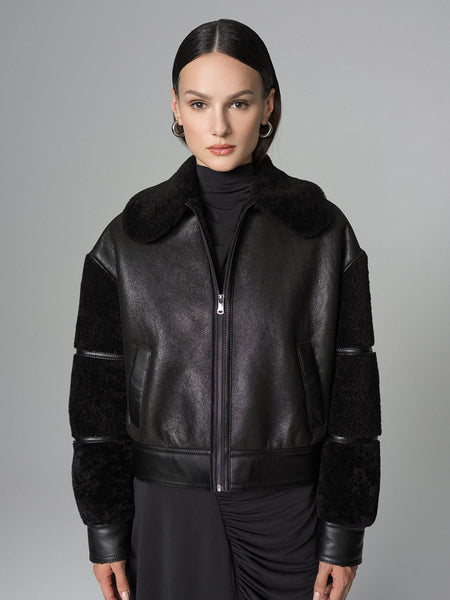 Black Oversized Shearling Leather Jacket-1
