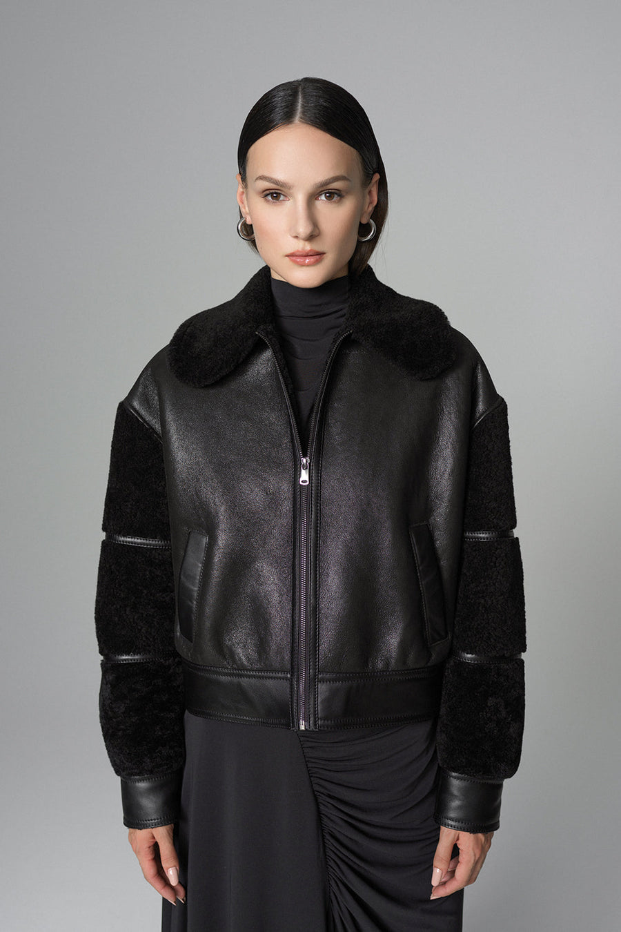 Savina — Black Oversized Shearling Leather Jacket, alternate view 2