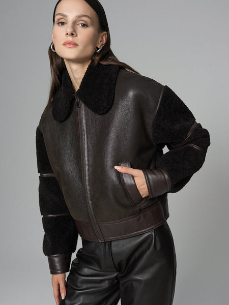 Brown Oversized Shearling Leather Jacket-0
