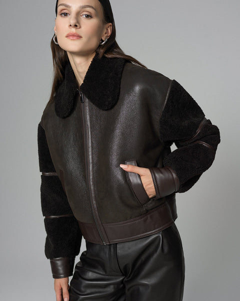 Brown Oversized Shearling Leather Jacket-0